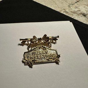 Signed AJC Merry Christmas Pin Brooch Gold Tone Dangling Plaque
